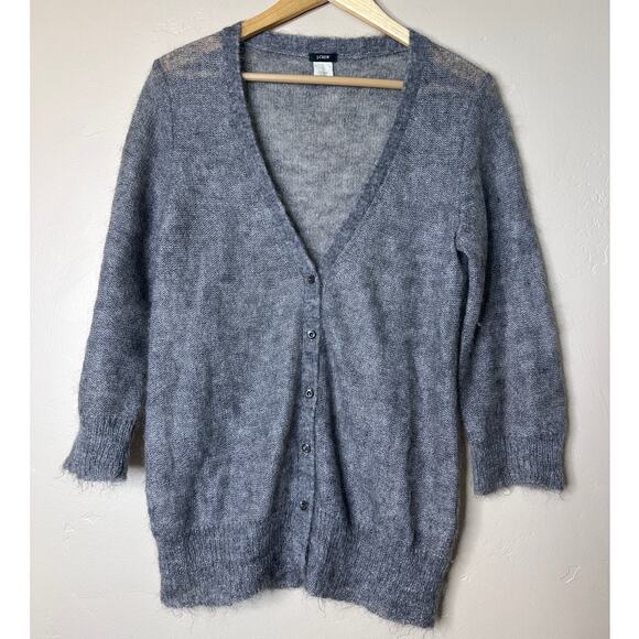 J.Crew Grey Knit Lightweight Mohair Blend Button Up Cardigan 3/4 Sleeve Large - Picture 1 of 5